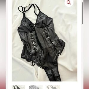 Black Faux Leather Lace-Up Teddy Bodysuit large NWOT